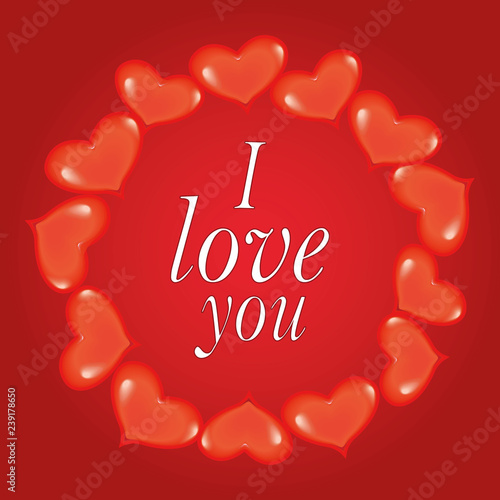 Beautiful postcard . The inscription I love you, red 3D heart. circle of 3D red heart. The red background. Vector