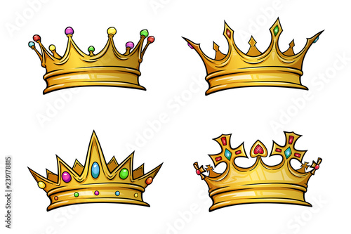 Golden crown mascot with colorful gem stones. Vector illustration isolated on white background. Good for logos, icons, posters, stickers.