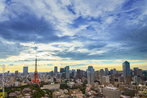 Photography Tokyo Skyline, japan cityscape at twilight, view of office building and downtown and street of minato in tokyo with sunset / sun rise sky background