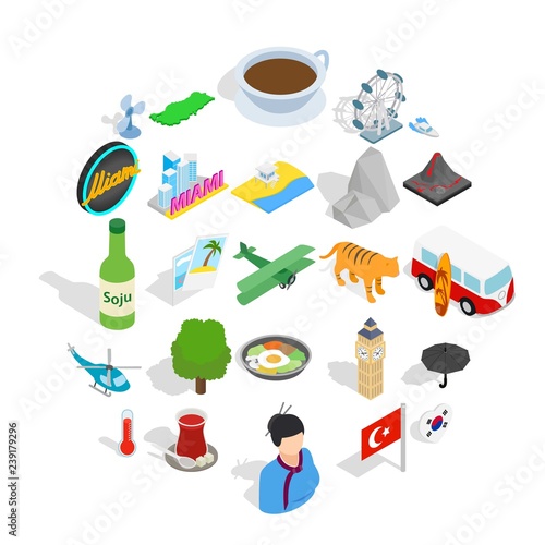 Discovering new place icons set. Isometric set of 25 discovering new place vector icons for web isolated on white background