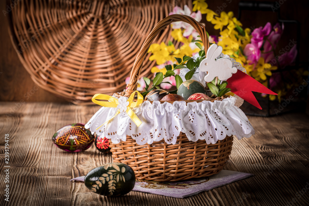 Traditional Easter basket with colored eggs.