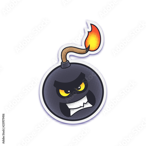 Cute bomb sticker with dotted halftone. Isolated vector illustration.
