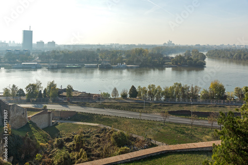 Panoramic sunset view of Belgrade Fortress, Kalemegdan Park, Sava and Danube Rivers in city of Belgrade, Serbia