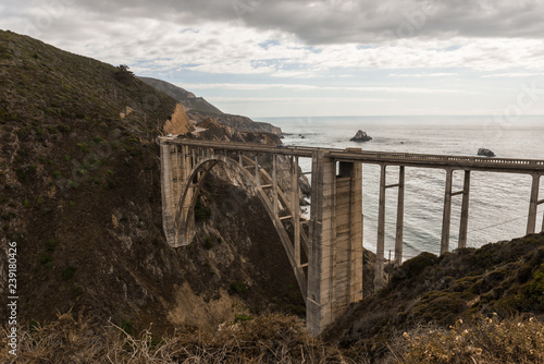 Views of the Bixby Creek Bridge at sunset in Big Sur, California, USA.