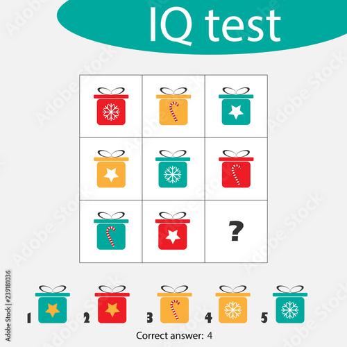 Choose correct answer, IQ test with christmas gift boxes for children, xmas fun education game for kids, preschool worksheet activity, task for the development of logical thinking, vector illustration