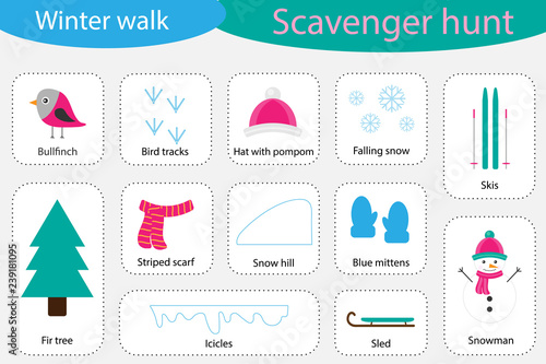 Scavenger hunt, winter walk, different colorful pictures for children, fun education search game for kids, development for toddlers, preschool activity, set of icons, vector illustration