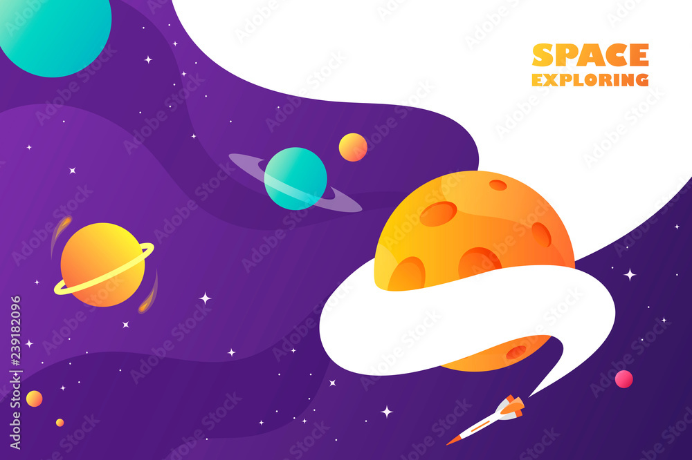 horizontal space background with abstract shape and planets. Web design. space exploring. vector illustration.  children.