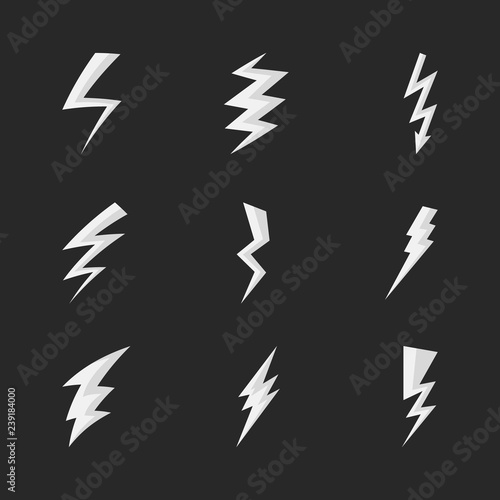 Set of yellow electric lightning bolt icons with shading effects on blue background. Vector illustration.