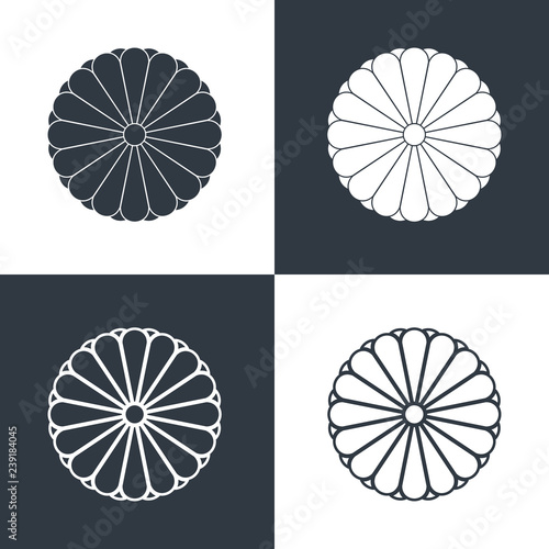 Set of sixteen petal chrysanthemum icons. The coat of arms of the Imperial family. Informal symbol of Japan. Vector illustration.