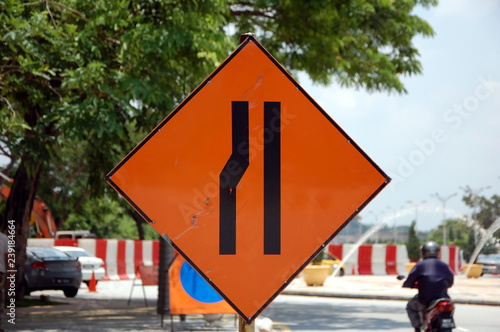 Road Sign "Narrowing Road", Malaysia