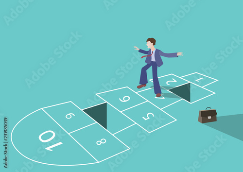 Hopscotch concept of a business process. A businessman or a startup is playing a risky game