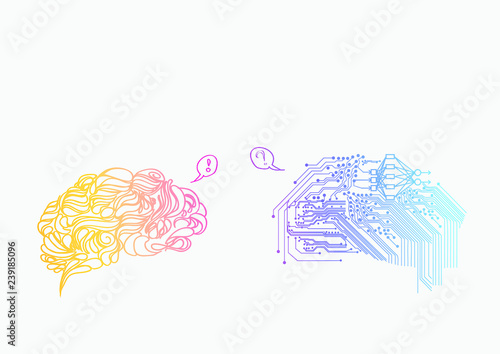 Human brain versus cyber brain. Advantages and disadvantages of artificial intelligence against the human mind, concept.
