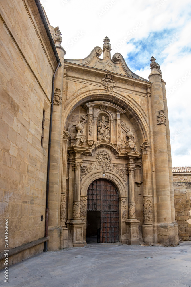 Baroque facade of the demolished Church of San Pedro, Church of St. Peter in Viana, Navarre Spain on the Way of St. James, Camino de Santiago