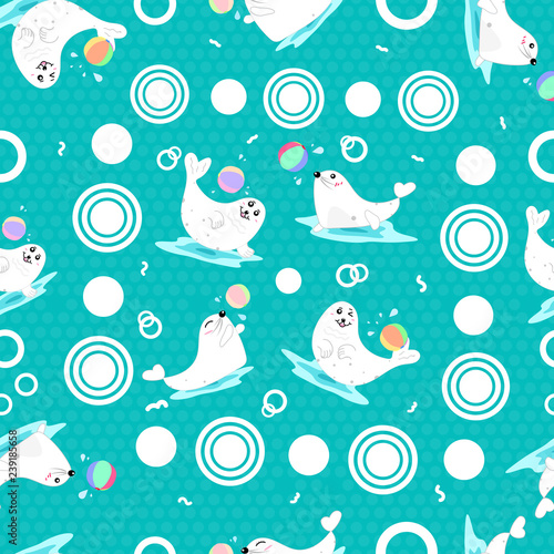 Seals playing with balls water splash, seamless pattern cartoon cute concept abstract background vector illustration © Hatcha