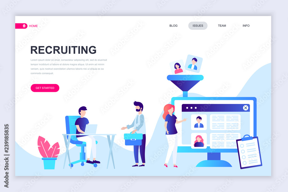 Modern flat web page design template of Recruiting decorated people character for website and mobile website development. Flat landing page template. Vector illustration.
