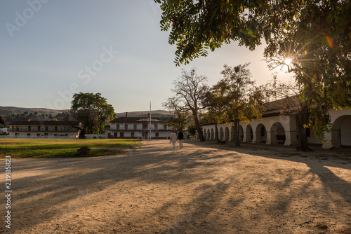 Portals of the Mission and Plaza Square in San Juan Bautista, California, USA.