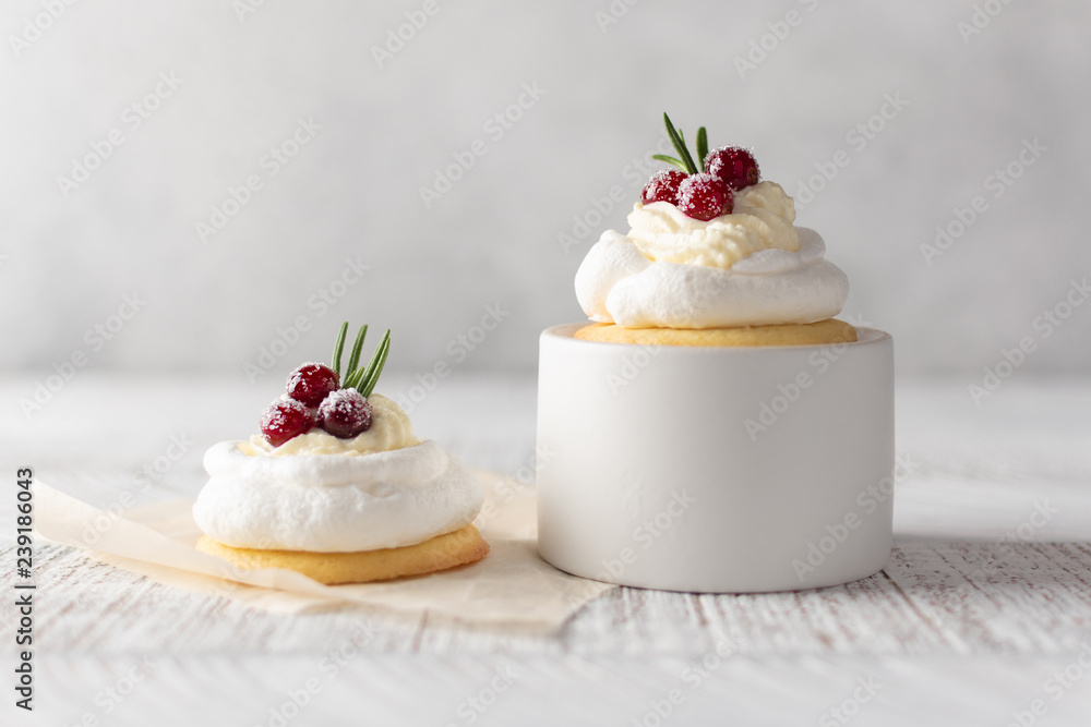 Pavlova Cake with berry cranberries on white background