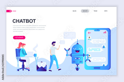 Modern flat web page design template of Chat Bot and Marketing decorated people character for website and mobile website development. Flat landing page template. Vector illustration.