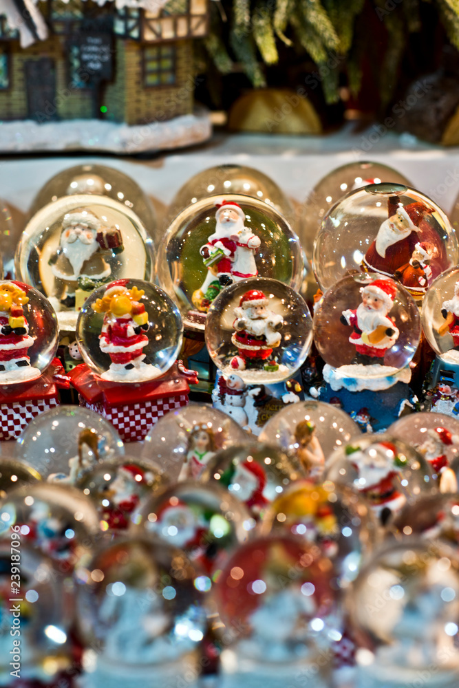 Christmas snow globes at the Christmas market in the city, Germany
