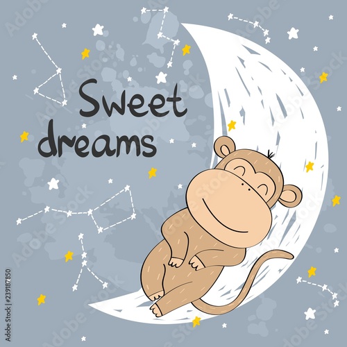 Vector illustration with funny monkey and moon. Sweet dreams.