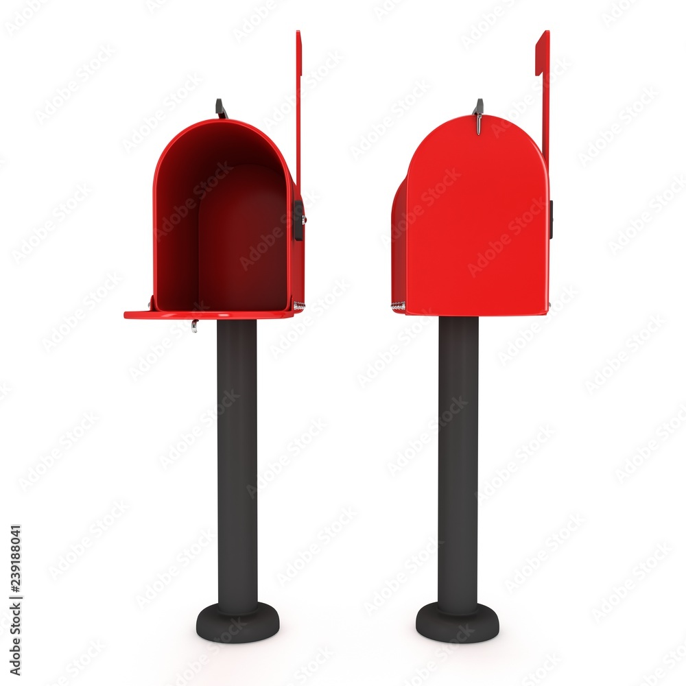Mailbox with open door and raised flag. 3d render illustration isolated on white background. Mailbox with open door and raised flag. 3d render illustration isolated on white background.