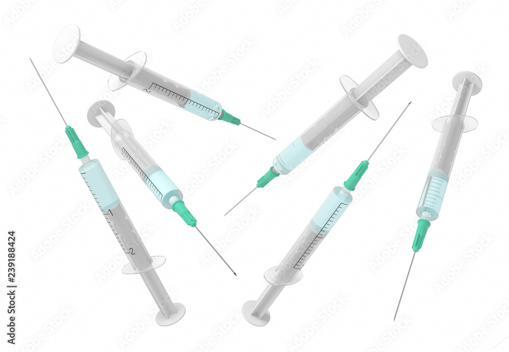 3d rendering set of safety medical syringes with needles isolated on white background 3d rendering set of safety medical syringes with needles isolated on white background