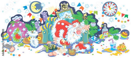 Santa Claus after the New Year feast is slightly drunk and asleep on his couch in a scary mess, vector illustration in a cartoon style to print on a cup