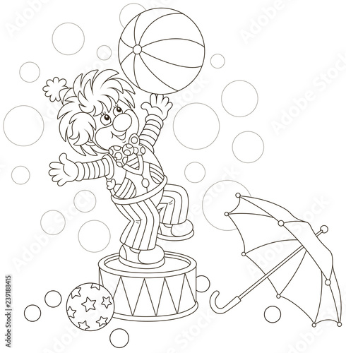 Funny circus clown playing a big ball and an umbrella, black and white vector illustration in a cartoon style for a coloring book