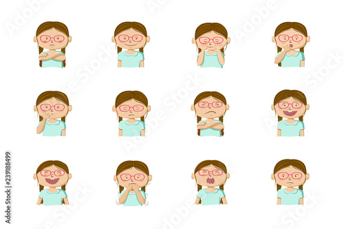 Collection of 12 illustrations of little girl showing different emotions