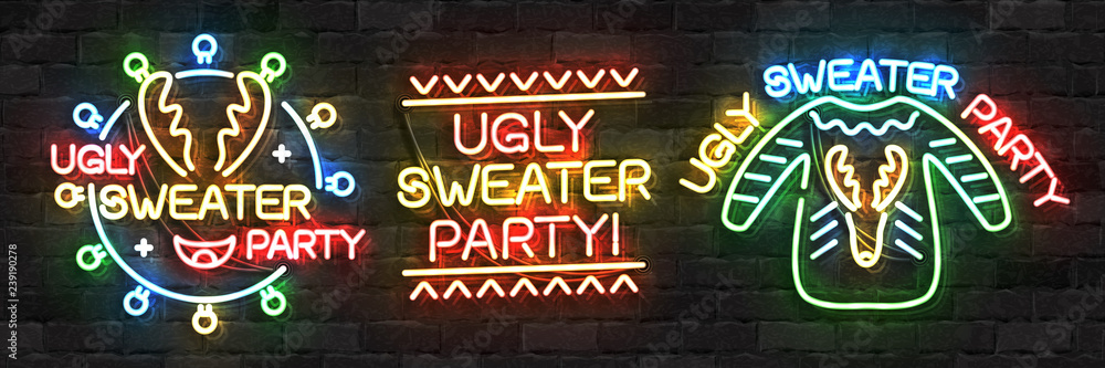 Φωτογραφία Vector set of realistic isolated neon sign of Ugly Sweater Party logo for decoration and covering on the wall background