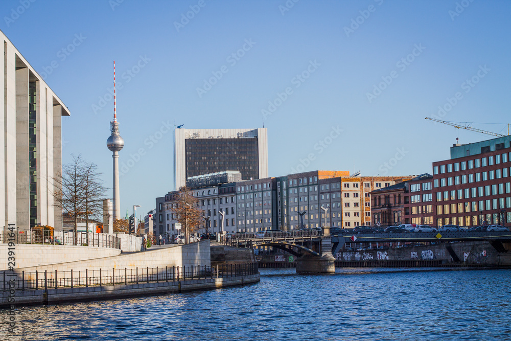 River Spree. Berlin. Government quarter. Tourist Attraction - Maria Elizabeth Lüders House. Famous place. Capital in Europe.