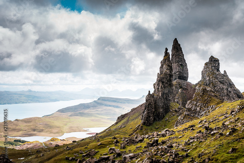 Old Man of Storr on a cloudy day, rough weather in Scotland