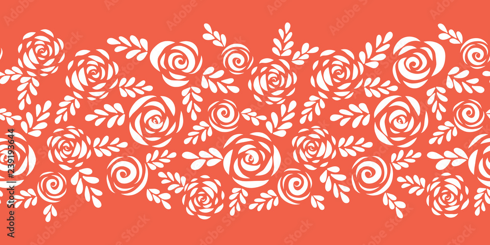 Floral vector border white roses on coral red seamless. Scandinavian style flowers and leaves. Floral silhouettes. Flower pattern for Valentines, greeting card, poster, banner, frame, stencil, wedding