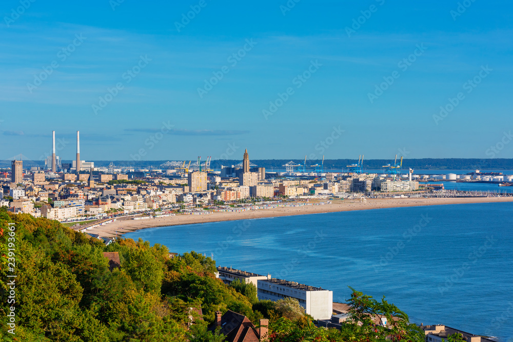 High angle view on Skyline, Coastline and Harbor of Le Havre Normandy France