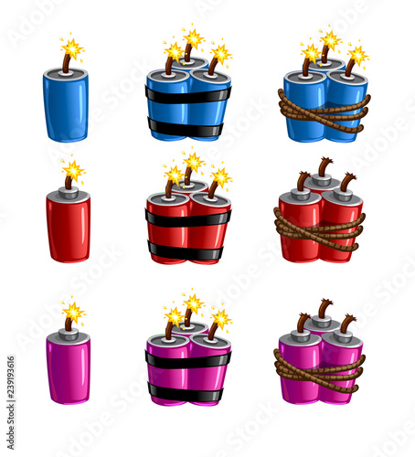 Cartoon dangerous ignited dynamite explode with burning wick for games. Vector illustration.