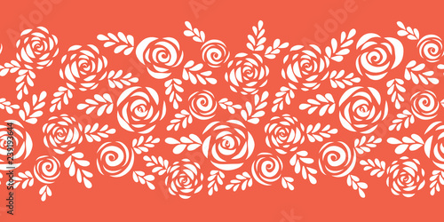 Floral vector border white roses on coral red seamless. Scandinavian style flowers and leaves. Floral silhouettes. Flower pattern for Valentines, greeting card, poster, banner, frame, stencil, wedding photo