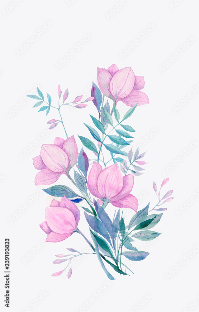 bouquet of fantasy purple flowers, watercolor illustration