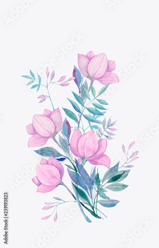 bouquet of fantasy purple flowers, watercolor illustration