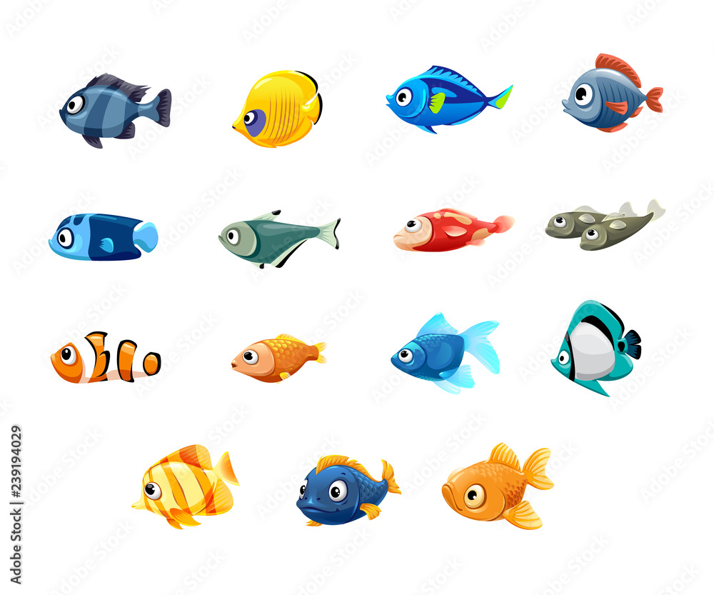 Fototapeta premium vector set of cute pet shop, fish, tropical fish, aquarium fish, clown fish, sardines, goldfish, sailboat
