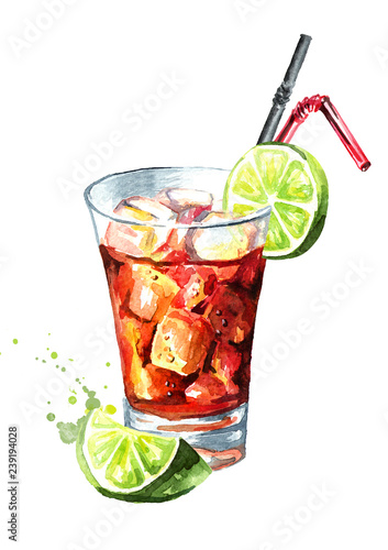 Canvas Print Glass of  Cuba Libre cocktail with lime