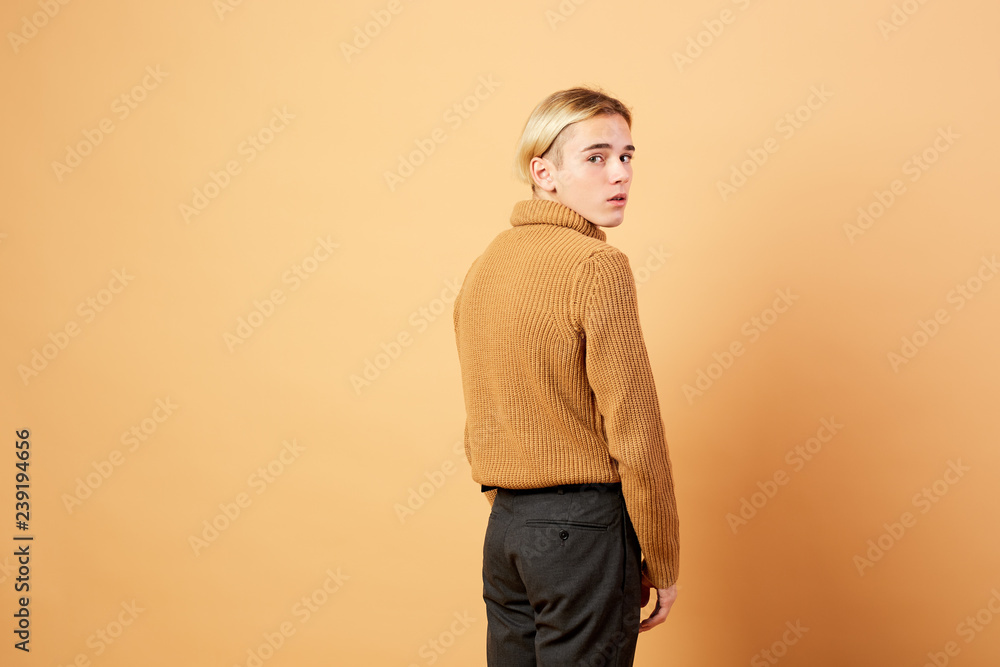 mustard color sweater and black pants 