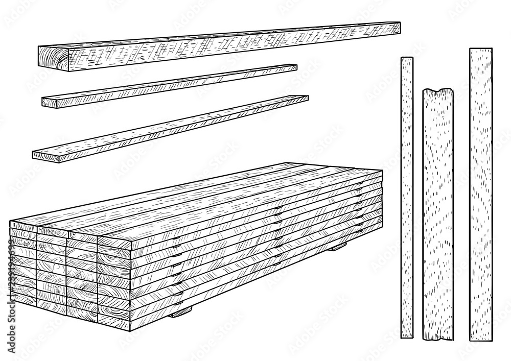 Wooden boards, planks illustration, drawing, engraving, ink, line art