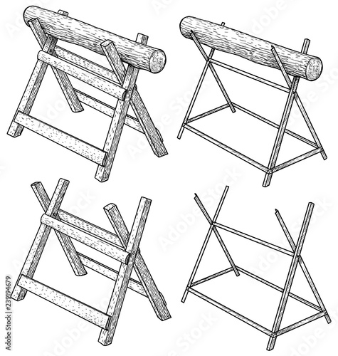 Wood sawhorse illustration, drawing, engraving, ink, line art, vector photo