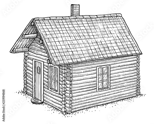 Log wood house illustration, drawing, engraving, ink, line art, vector