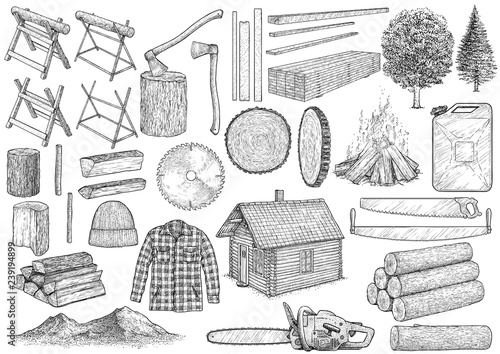 Lumberjack equipment collection illustration, drawing, engraving, ink, line art, vector