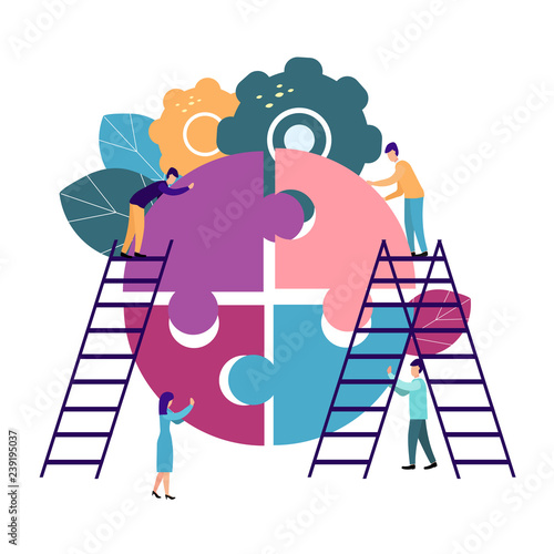 A group of businessmen involved in puzzle pieces, is to support the team, brainstorm or success