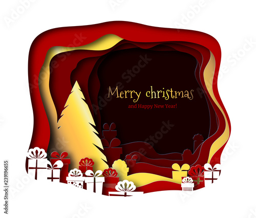 Merry christmas paper cut with tree vector. Around the fir are gifts decorated with ribbons. Multi-layered decorative illustration.