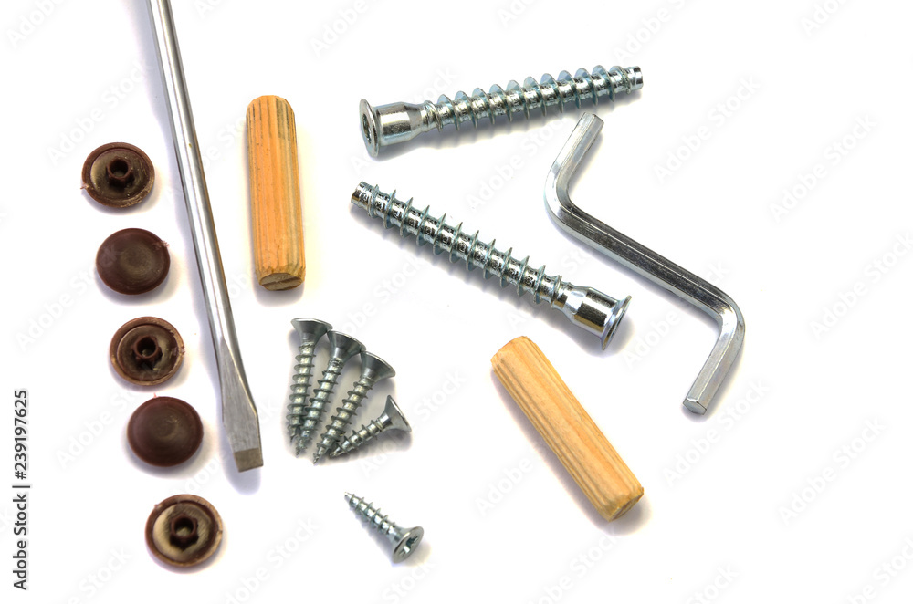Nails and screws on a white background.