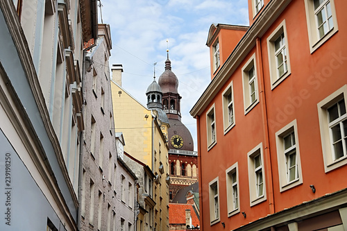 View from Kramu Street to the old buildings and top view of Riga cathedral, Old Town, Riga, Latvia