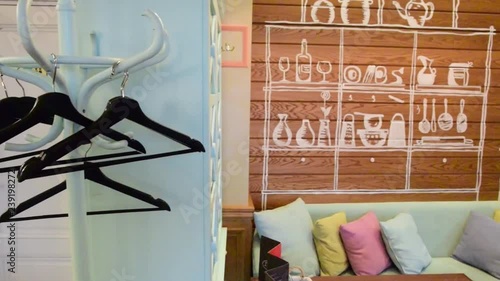 the interior of the cafe in the style of primitivism and country 